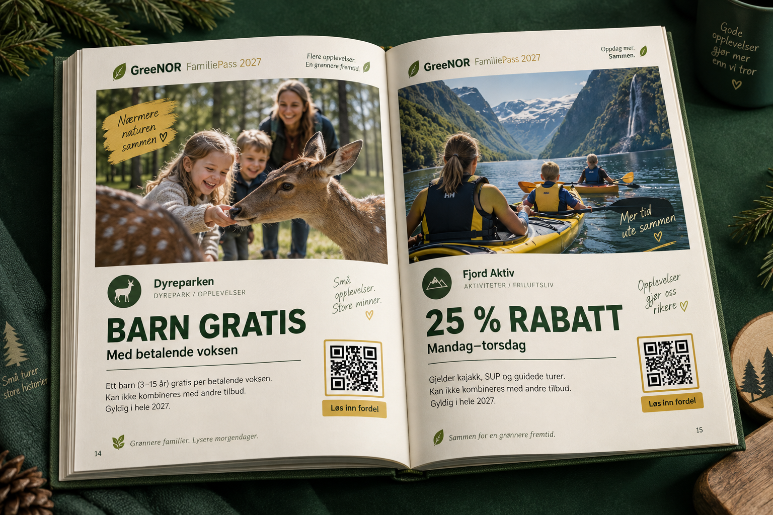 Innsiden av GreeNOR FamiliePass 2027 med fordeler hos Dyreparken og Fjord Aktiv