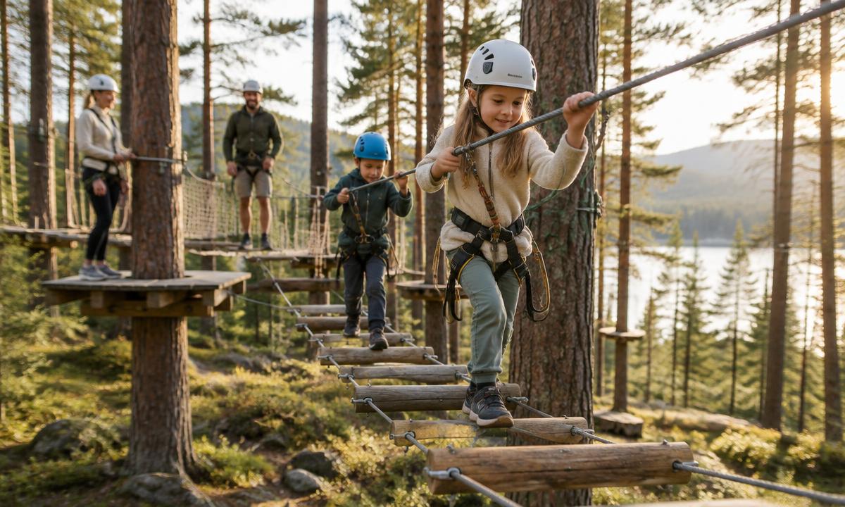 Barn og foreldre i en klatrepark i skogen